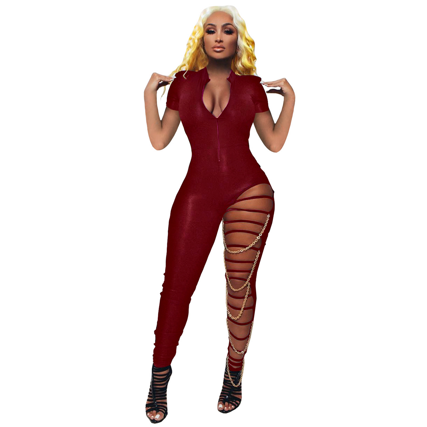 Roxy Short Sleeve Zip-Up Chain Detail Cutout Leg Jumpsuit pants Castello Clothing Line