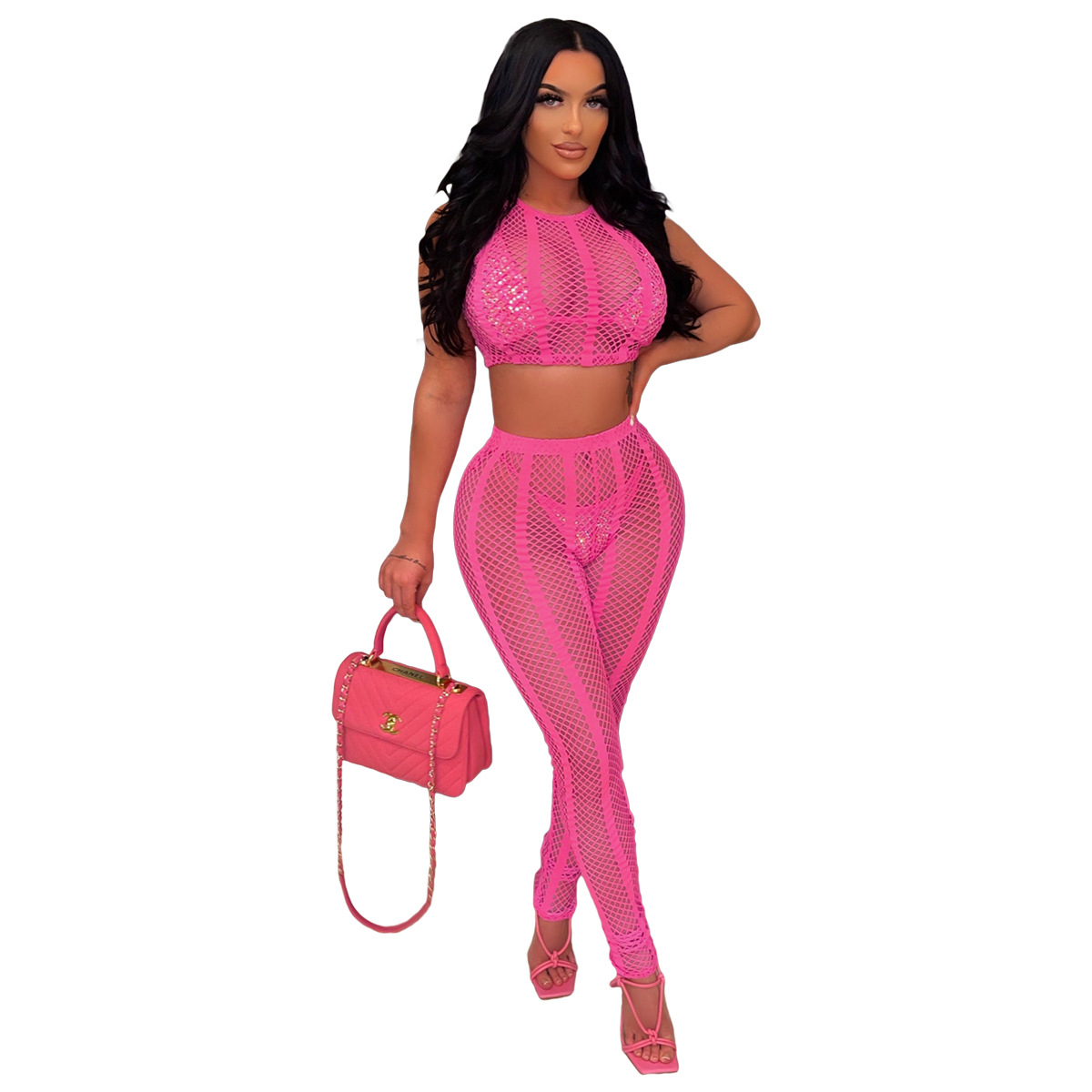 Sheer Crop Top & Skinny Pants Set  Castello Clothing Line   