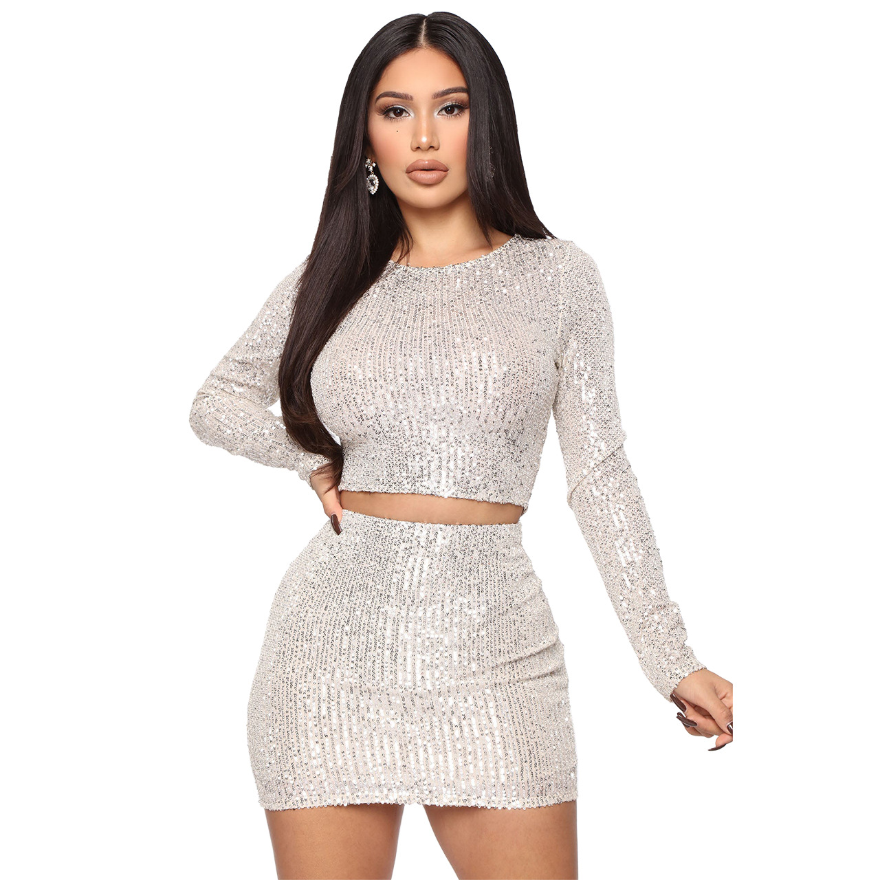 Sequin Long Sleeve Top and Short Skirt Set  Castello Clothing Line   