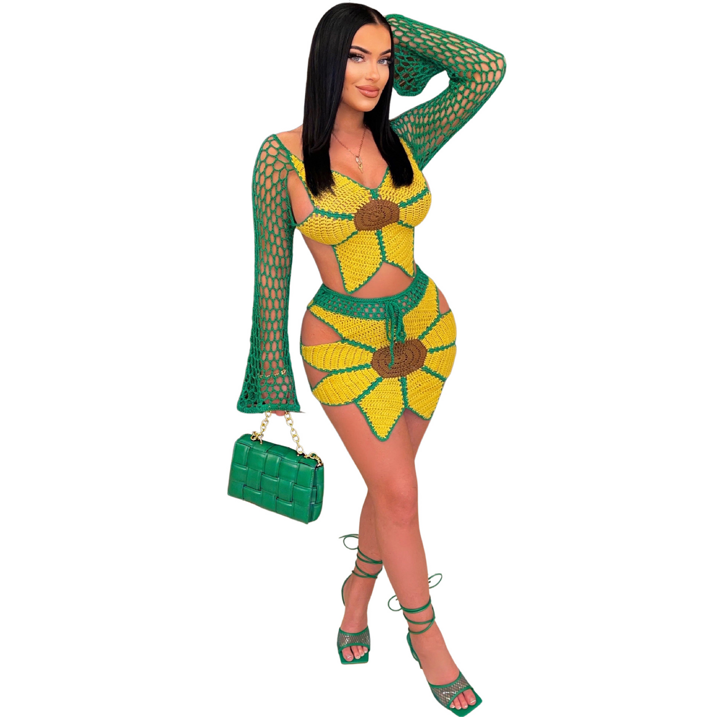 Sunflower Crochet Long Sleeve Top and Drawstring Mini Skirt Set  Castello Clothing Line   
