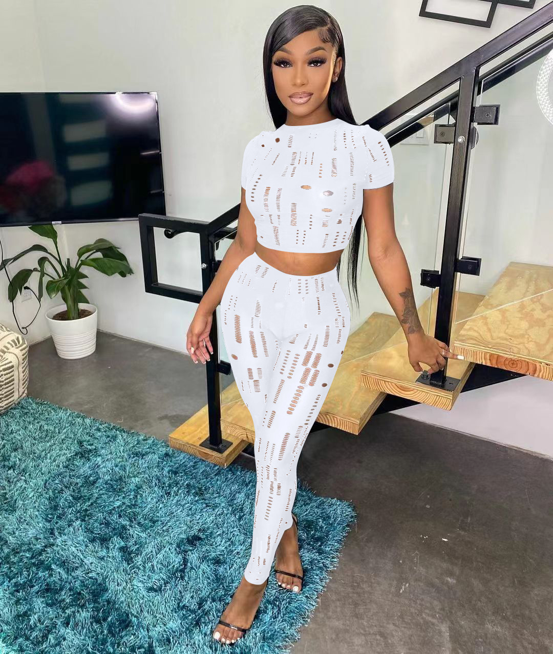 Ripped Crop Top & Pencil Pants Set  Castello Clothing Line   