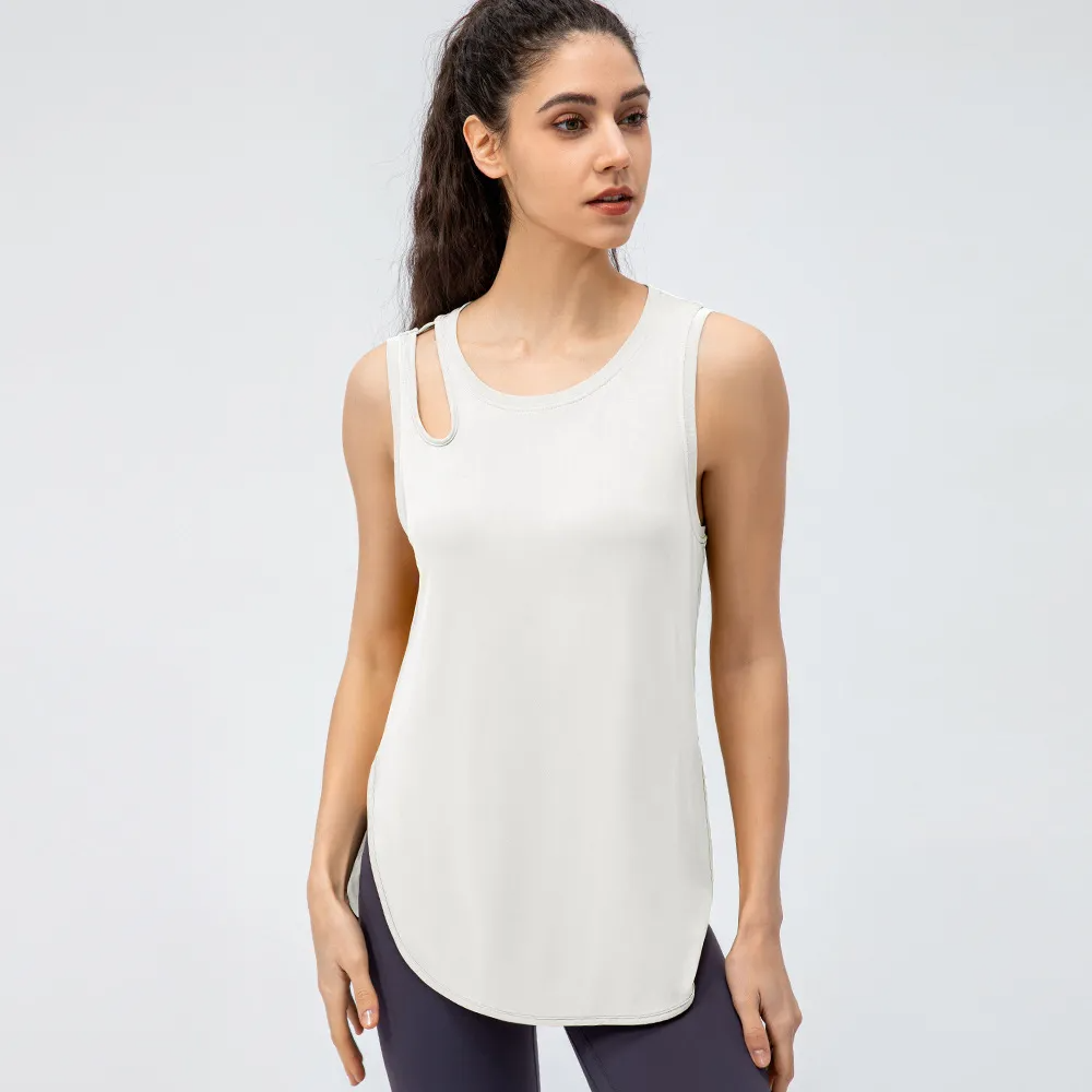 Mae Sleeveless Cutout Curved-Hem Tank Top workout tops and t-shirts Castello Clothing Line