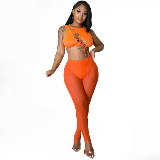 Coco High-Waisted Sheer Split-Hem Mesh Pants pants Castello Clothing Line