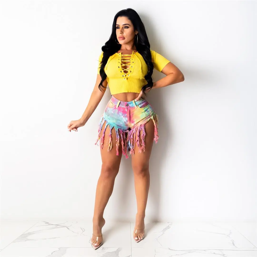 Festival Frenzy High Rise Tie Dye Fringe Denim Shorts  Castello Clothing Line   