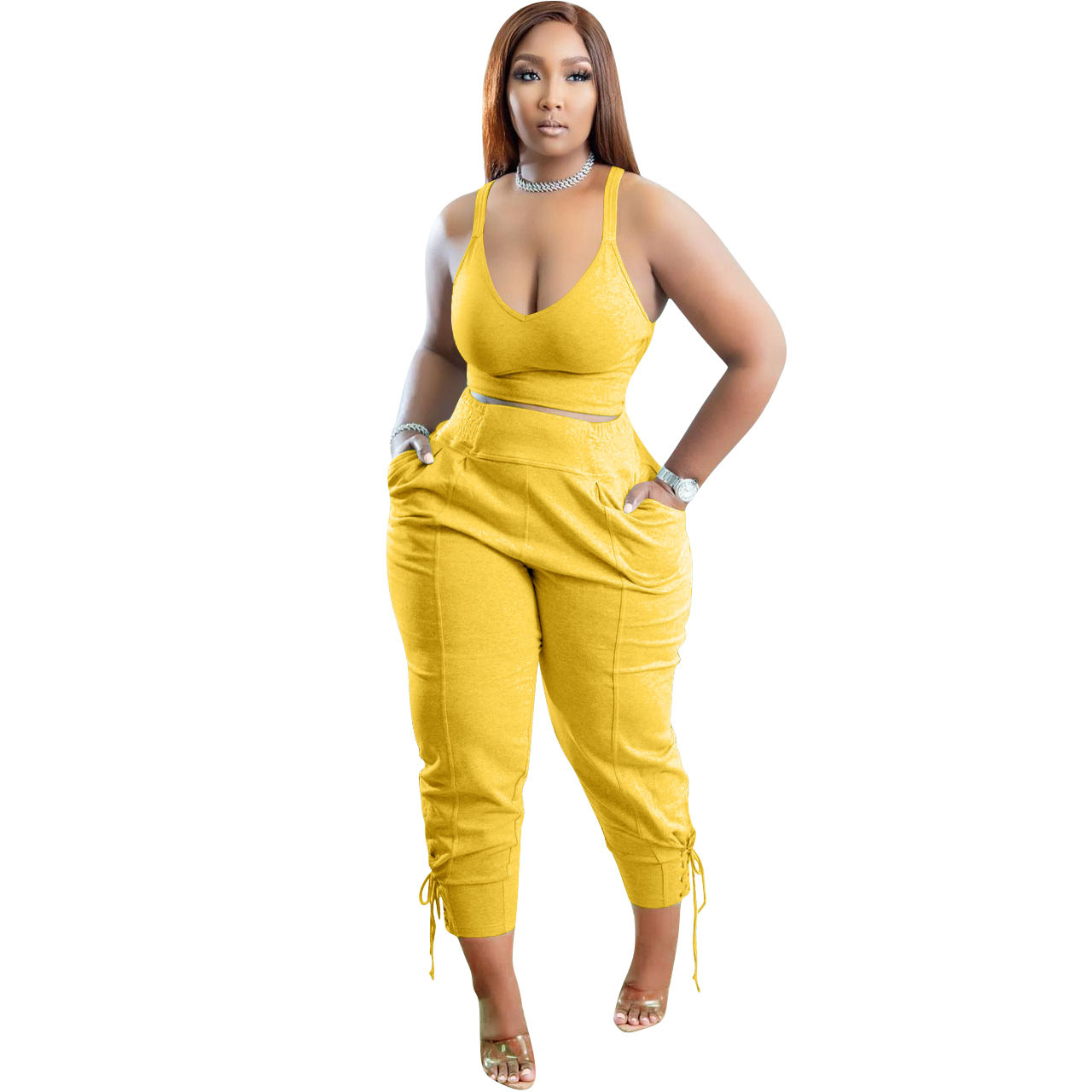 Solid Color High Waist Pant Set with Pockets - Polyester/Cotton  Castello Clothing Line   