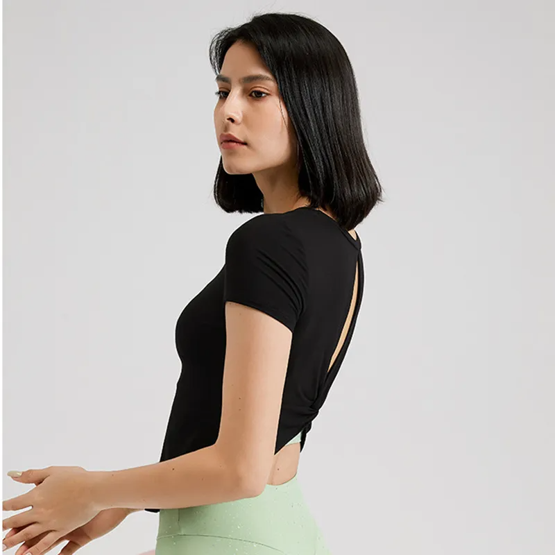 Elena Short Sleeve Twist Back Cutout Crop Top workout tops and t-shirts Castello Clothing Line