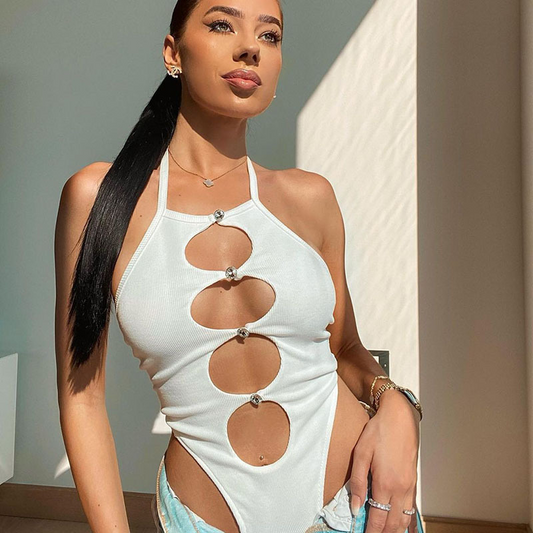 Sexy Ribbed Cut Out Halter Bodysuit  Castello Clothing Line   