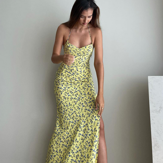 Floral Halter Neck Sundress with Side Slit and Tie Straps  Castello Clothing Line   