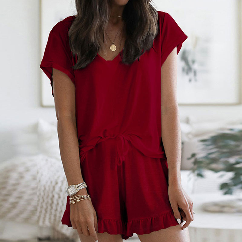 Cozy Bliss V-Neck Ruffle Hem Lounge Set  Castello Clothing Line   