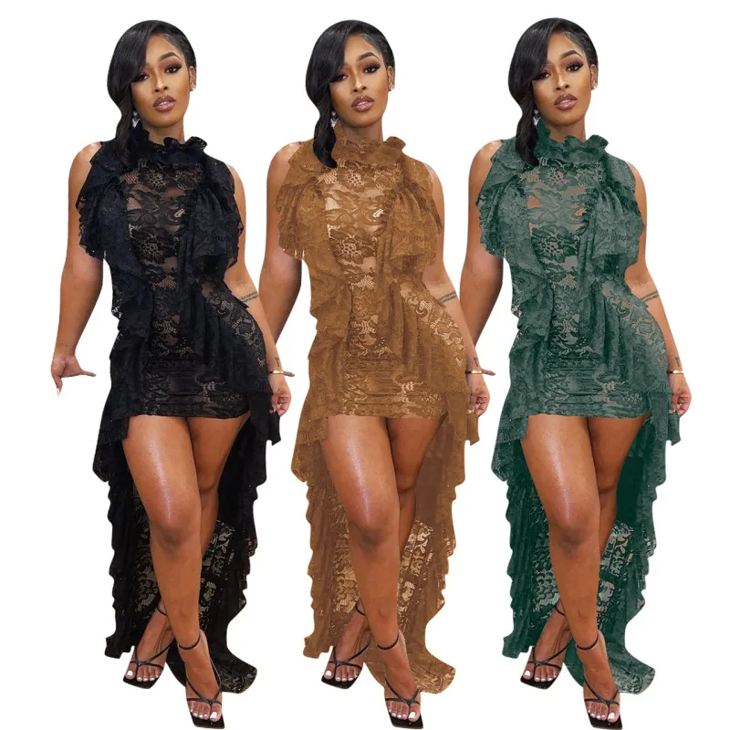 Sheer High Neck Lace Dress with Ruffled Hem  Castello Clothing Line   