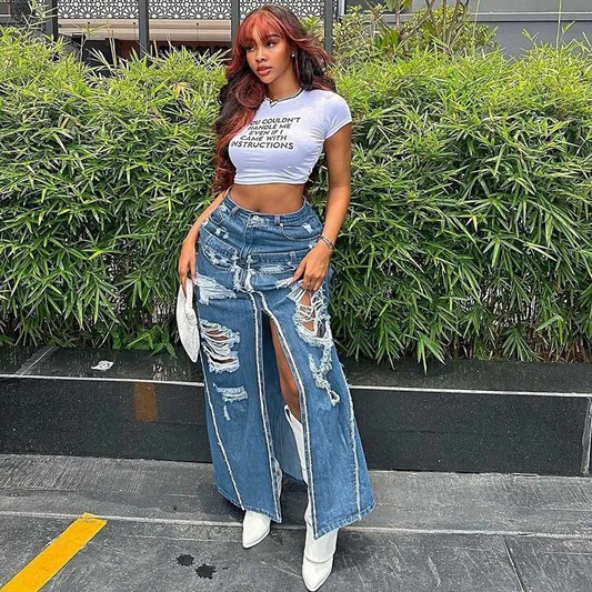 Ripped & Ready Slit Maxi Denim Skirt  Castello Clothing Line   