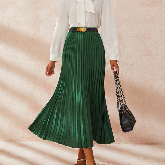 Vintage High Waist Pleated Maxi Skirt in Solid Color with Stretch Waist Band and Tapered Pleats - Cotton/Polyester  Castello Clothing Line   