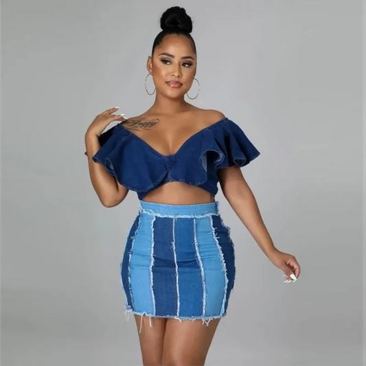Patchwork Play High-Waist Denim Mini Skirt  Castello Clothing Line   