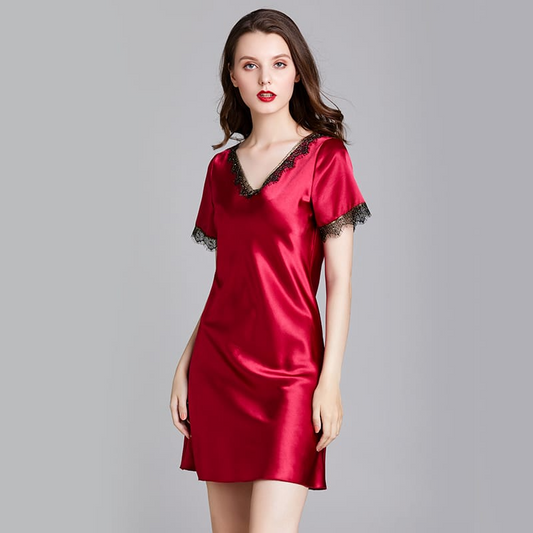 V Neck Lace Trim Satin Nightie  Castello Clothing Line   
