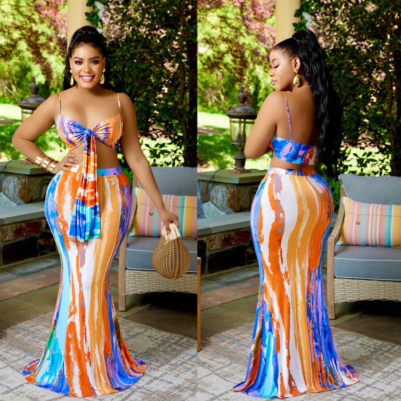 Tie Crop Top & Fishtail Skirt Set - Stylish 2 Piece Outfit with Thin Straps & Long Flared Skirt  Castello Clothing Line   