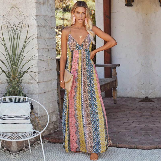 Indra Sleeveless Deep V-Neck Boho Maxi Dress maxi dress Castello Clothing Line