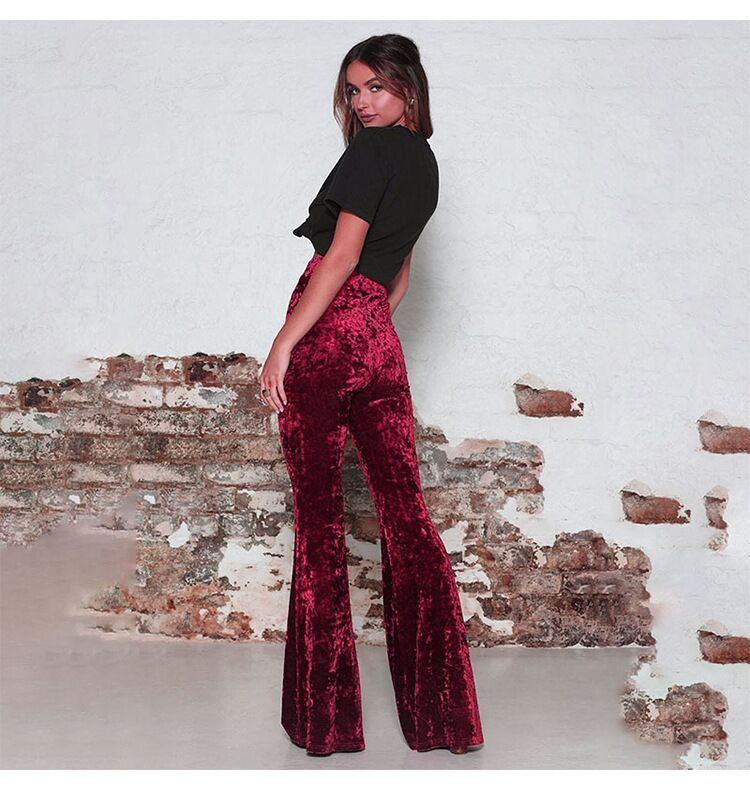 Delilah High-Waisted Crushed Velvet Flare Trousers Castello Clothing Line