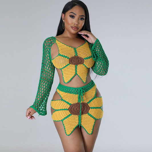 Sunflower Crochet Long Sleeve Top and Drawstring Mini Skirt Set  Castello Clothing Line   