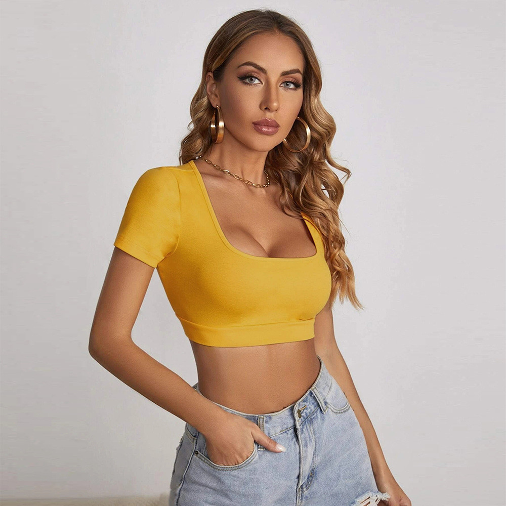 Charmé Scoop Neck Short Sleeve Fitted Crop Top  Castello Clothing Line   
