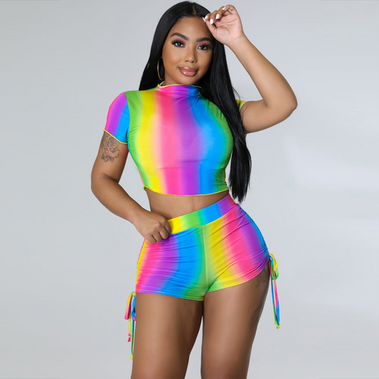 Zest High-Neck Ruched Crop Top & Side-Tie Shorts Set  Castello Clothing Line   