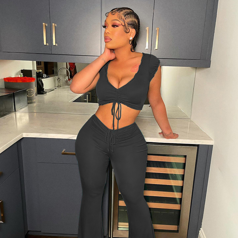 Ruched Crop Top & Flared Pants Set - Trendy 2-Piece Outfit  Castello Clothing Line   