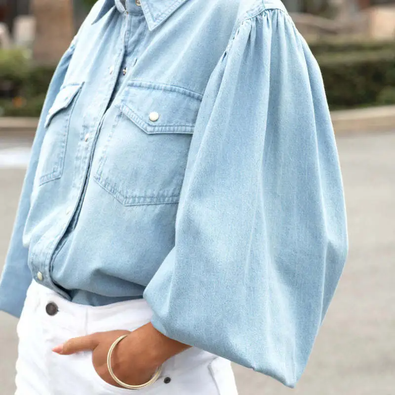 Elyse Long Puff Sleeve Button-Up Denim Top Castello Clothing Line