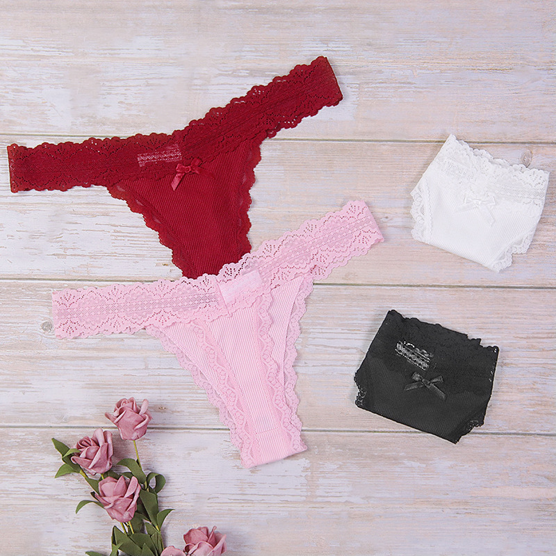 Ribbed Lace Trim Thong Panty  Castello Clothing Line   