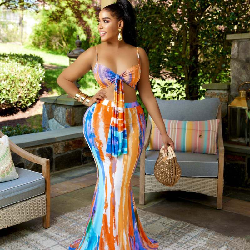 Tie Crop Top & Fishtail Skirt Set - Stylish 2 Piece Outfit with Thin Straps & Long Flared Skirt  Castello Clothing Line   