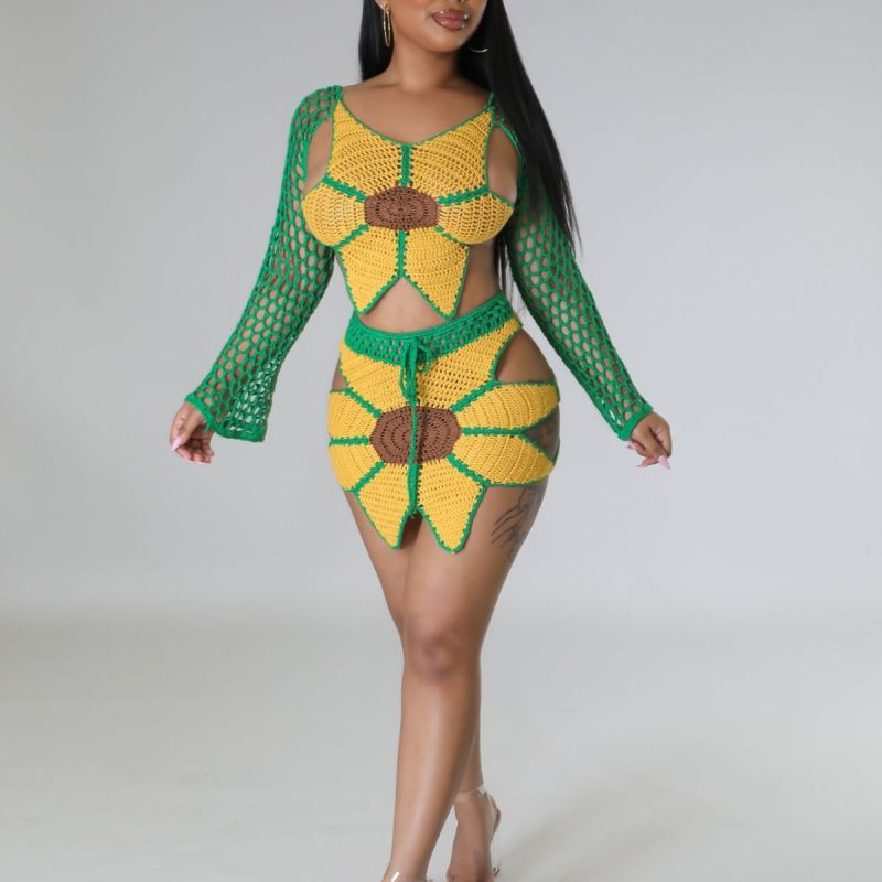 Sunflower Crochet Long Sleeve Top and Drawstring Mini Skirt Set  Castello Clothing Line   