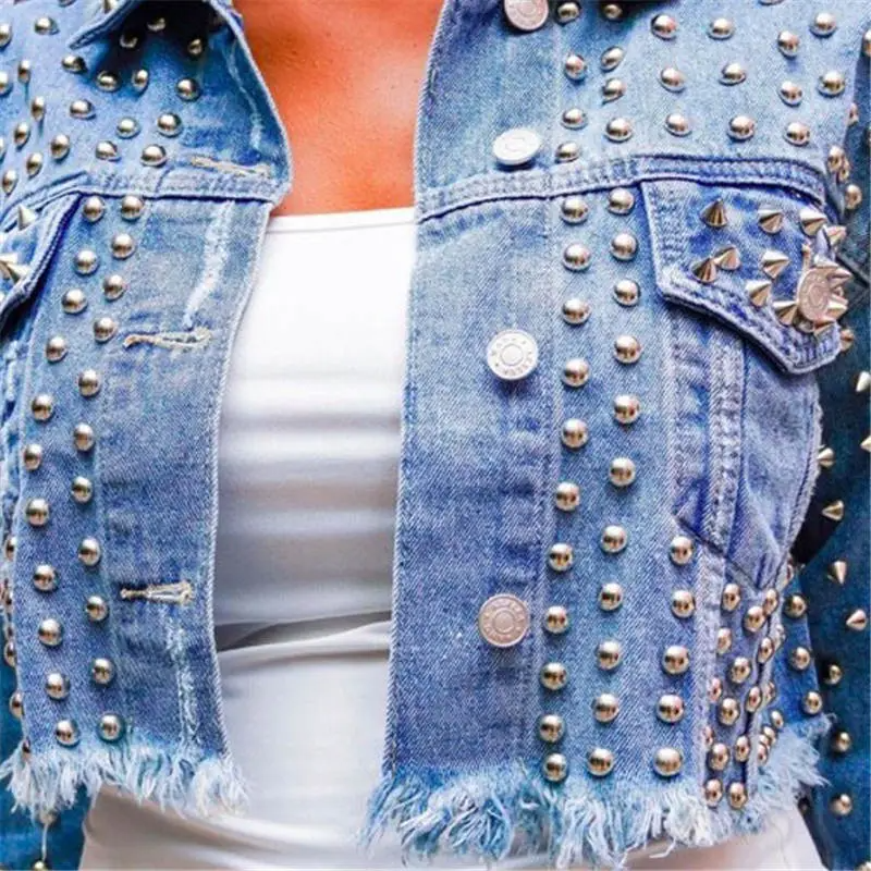 Studded Distressed Cropped Denim Jacket  Castello Clothing Line   