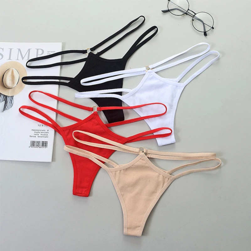Strappy T-Back Thong Panty with Cut Out Front/Back, Metal Ring Detail (Spandex/Milk Fibre)  Castello Clothing Line   
