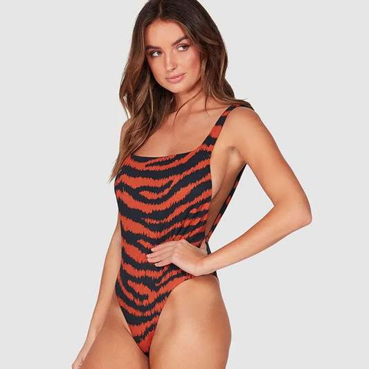 Tiger Print Back Cut Out One Piece Swimsuit  Castello Clothing Line   