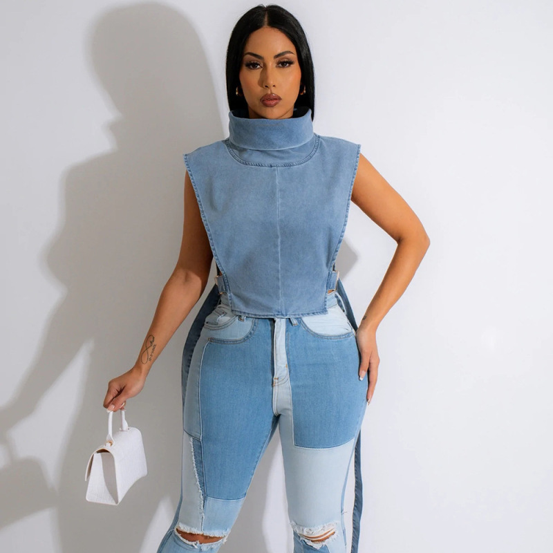 Daredevil Denim Cutout Crop Top  Castello Clothing Line   