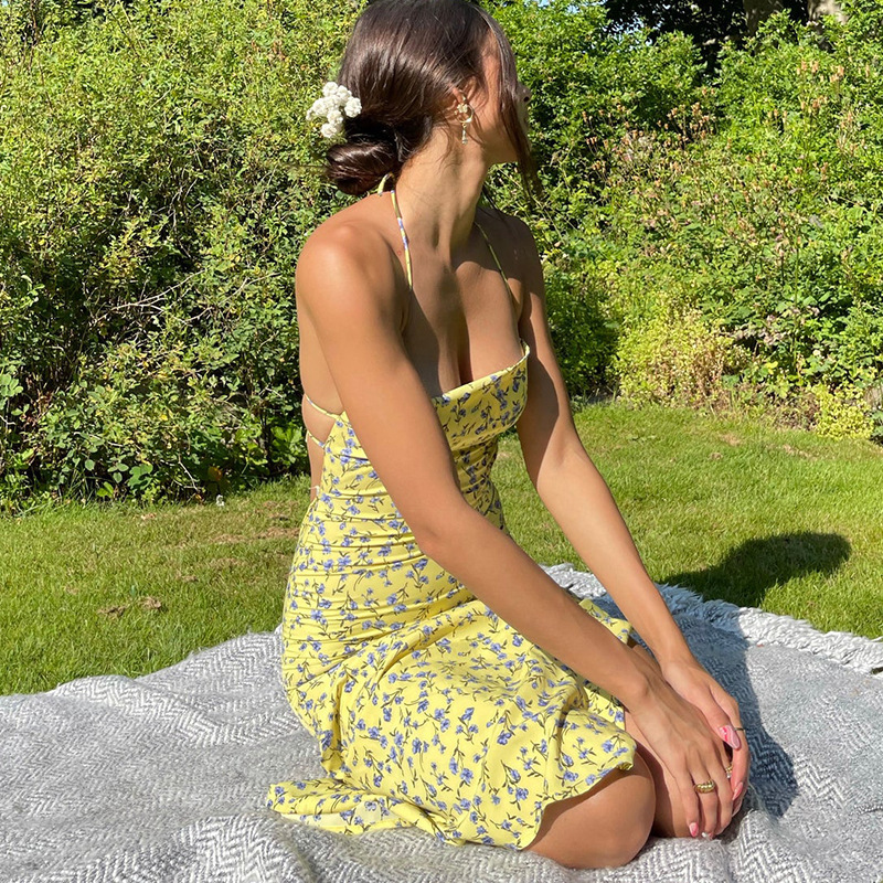 Floral Halter Neck Sundress with Side Slit and Tie Straps  Castello Clothing Line   