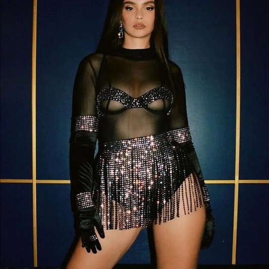 Strappy Rhinestone Mini Skirt  Castello Clothing Line   