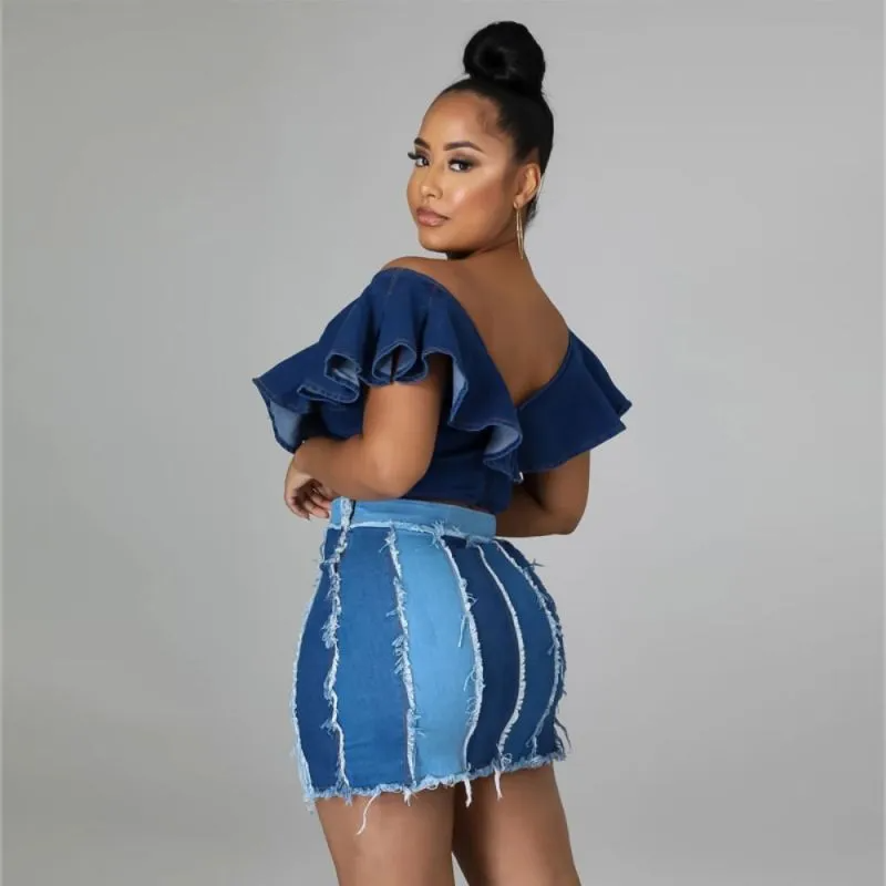 Patchwork Play High-Waist Denim Mini Skirt  Castello Clothing Line   