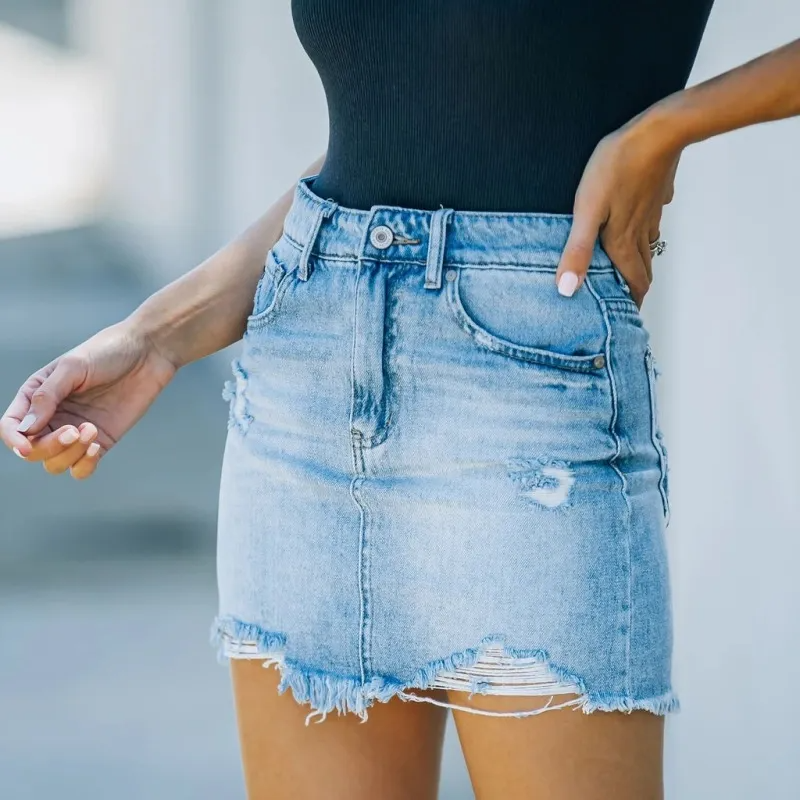 Ripped and Ready High-Waist Denim Mini Skirt  Castello Clothing Line   