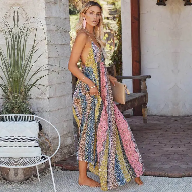 Indra Sleeveless Deep V-Neck Boho Maxi Dress maxi dress Castello Clothing Line