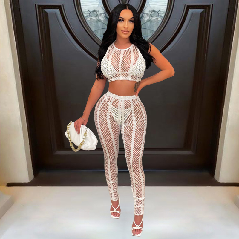 Sheer Crop Top & Skinny Pants Set  Castello Clothing Line   