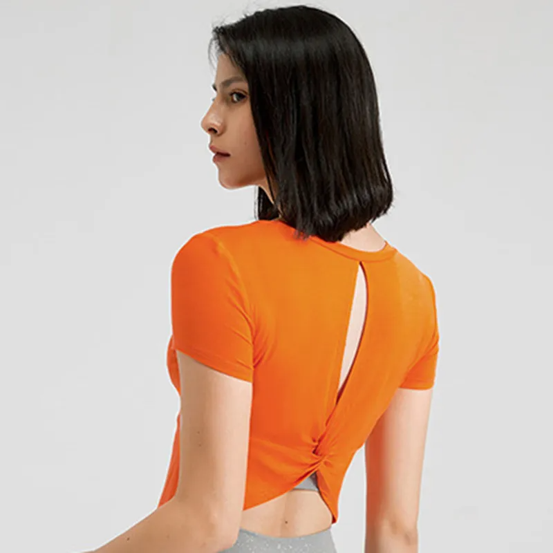 Elena Short Sleeve Twist Back Cutout Crop Top workout tops and t-shirts Castello Clothing Line