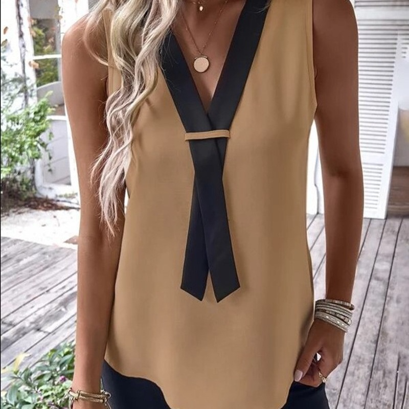 Viva Vibes Sleeveless Tie-Neck V-Cut Dressy Blouse Castello Clothing Line