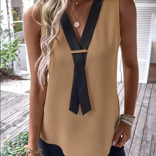 Viva Vibes Sleeveless Tie-Neck V-Cut Dressy Blouse Castello Clothing Line