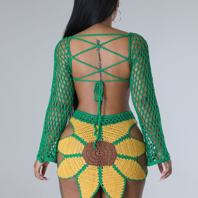 Sunflower Crochet Long Sleeve Top and Drawstring Mini Skirt Set  Castello Clothing Line   