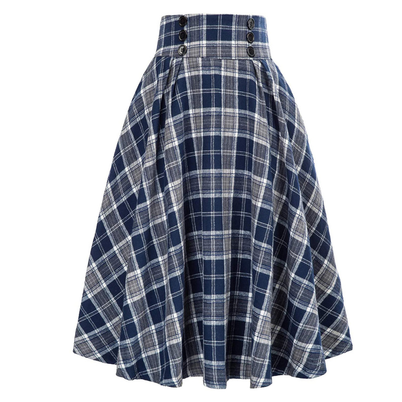 Vintage Plaid High Waist Flare Skirt - Button Detail, Polyester/Spandex  Castello Clothing Line   