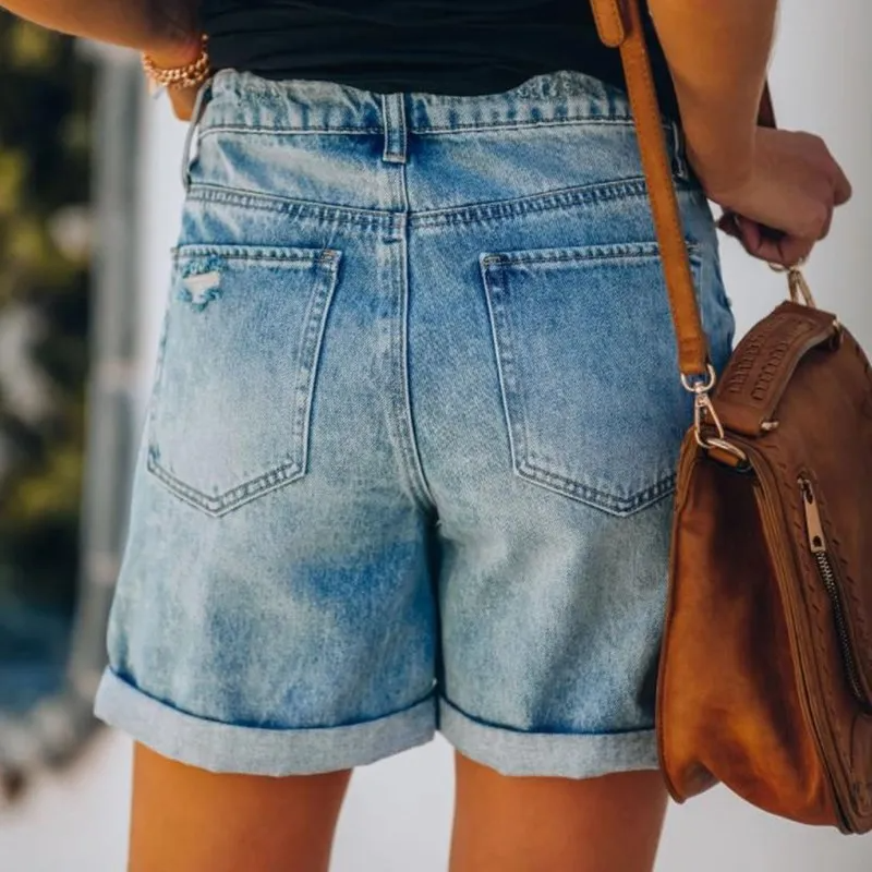 FreeSpirit High Rise Distressed Cuffed Denim Shorts  Castello Clothing Line   