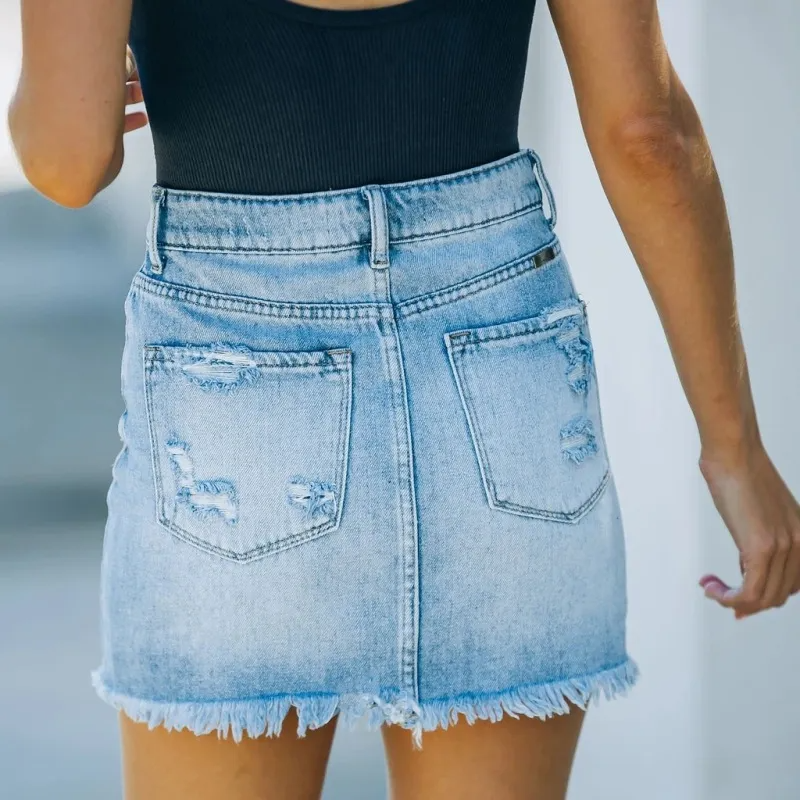 Ripped and Ready High-Waist Denim Mini Skirt  Castello Clothing Line   