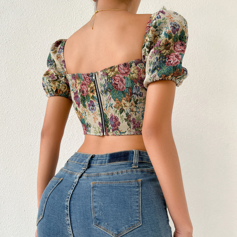 FloraBella Floral Puff Sleeve Corset Crop Top Castello Clothing Line
