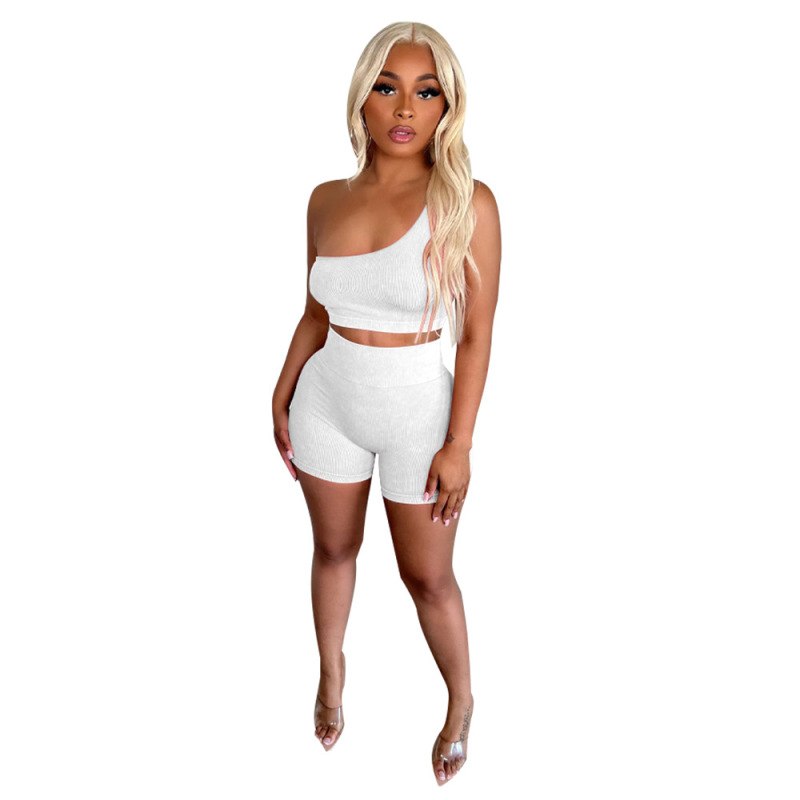 Rush One-Shoulder Ribbed Crop Top & High-Waist Shorts Set  Castello Clothing Line   