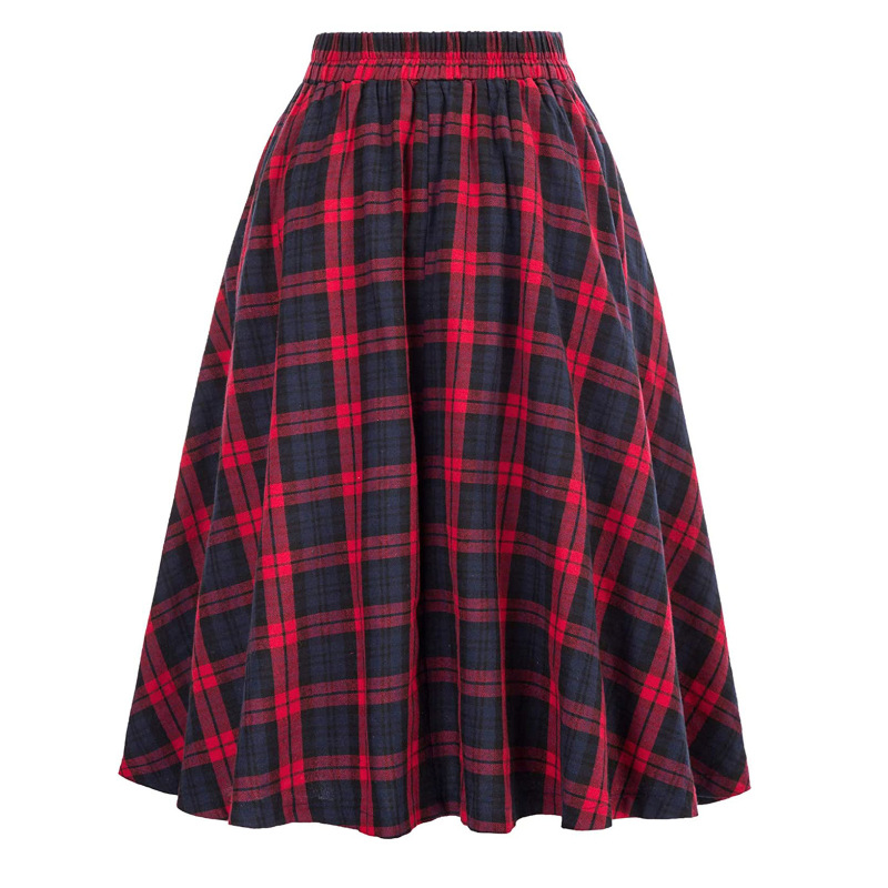 Vintage Plaid High Waist Flare Skirt - Button Detail, Polyester/Spandex  Castello Clothing Line   