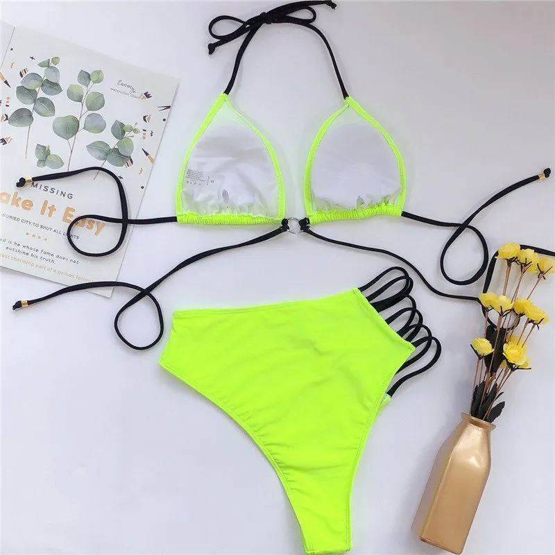 Asymmetrical Cutout High Waist Strappy Bikini Set  Castello Clothing Line   